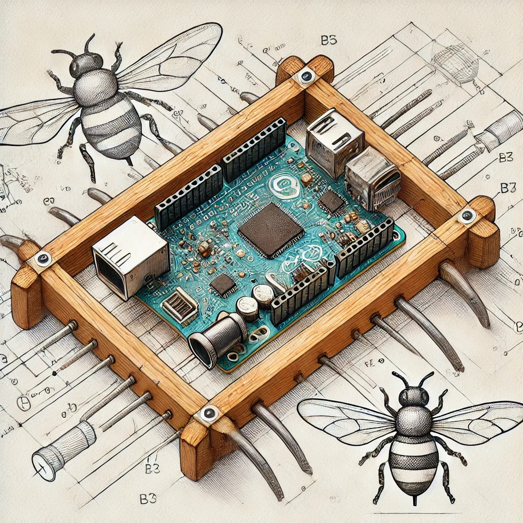 DALL%C2%B7E 2025 02 14 14.40.59 A Detailed Paper Sketch Of An Arduino Or Raspberry Pi Type Board Integrated Into A Bee Frame. The Drawing Should Be In A Technical Style Resembling A